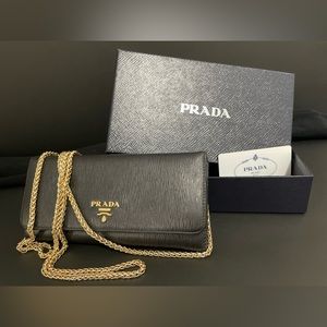Prada Saffiano Black Leather Wallet on Chain